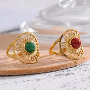 NEW!! Stainless Steel Red Natural Stone Ring - Gold